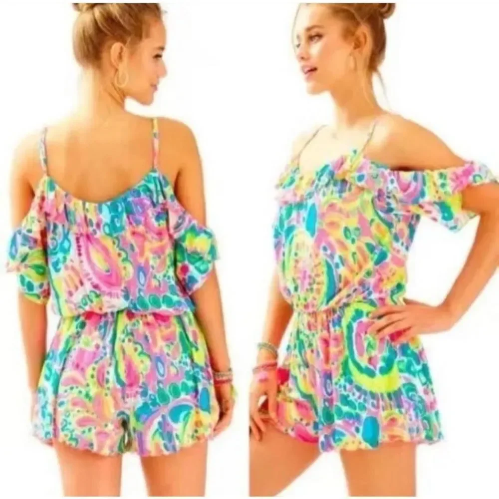 Lilly Pulitzer Fenella Ruffle Romper Sz XS Multi Come‎ Out Of Your Shell Summer
